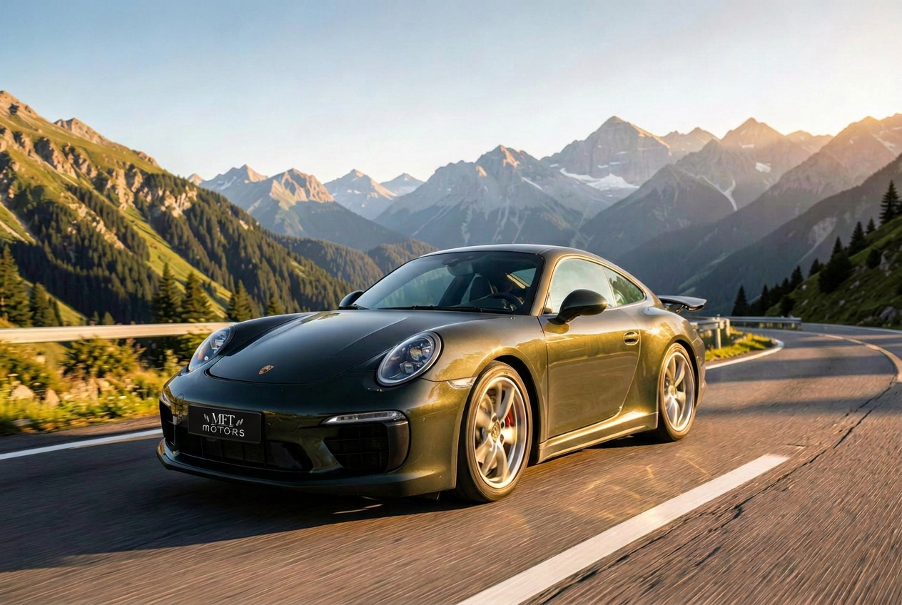 Porsche 911 conduite sur une route de montagne européenne en pleine lumière